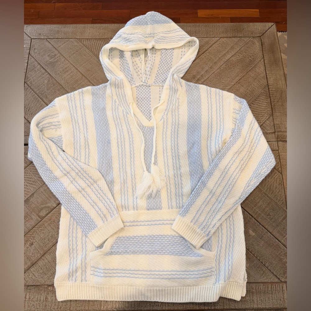 Women's Hooded Sweater in Cream and Blue Stripes